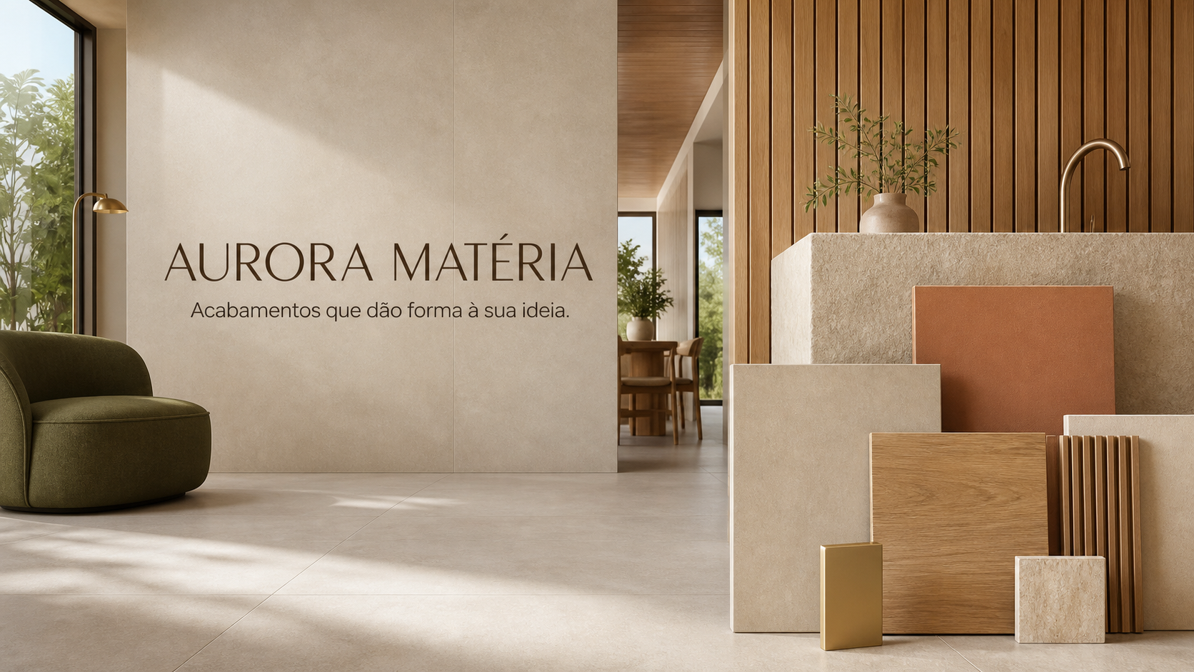 Interior contemporâneo com revestimentos claros, madeira, pedra, metal e amostras de acabamentos da marca fictícia Aurora Matéria.